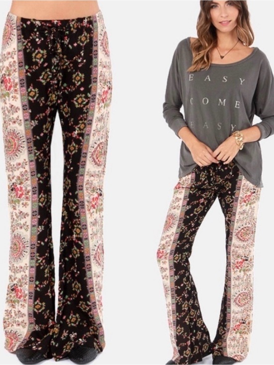 Billabong Pants - Billabong Black Floral Boho Hippy Flare Bell Bottom Pants with Cream Side Panels